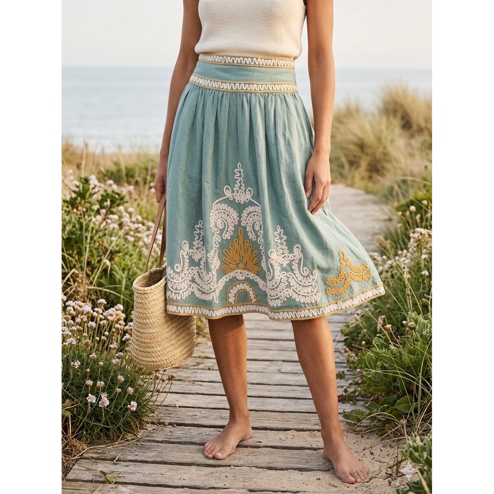 French Connection Teal Pleated A-line Skirt with Yellow and Cream Embroidery 2